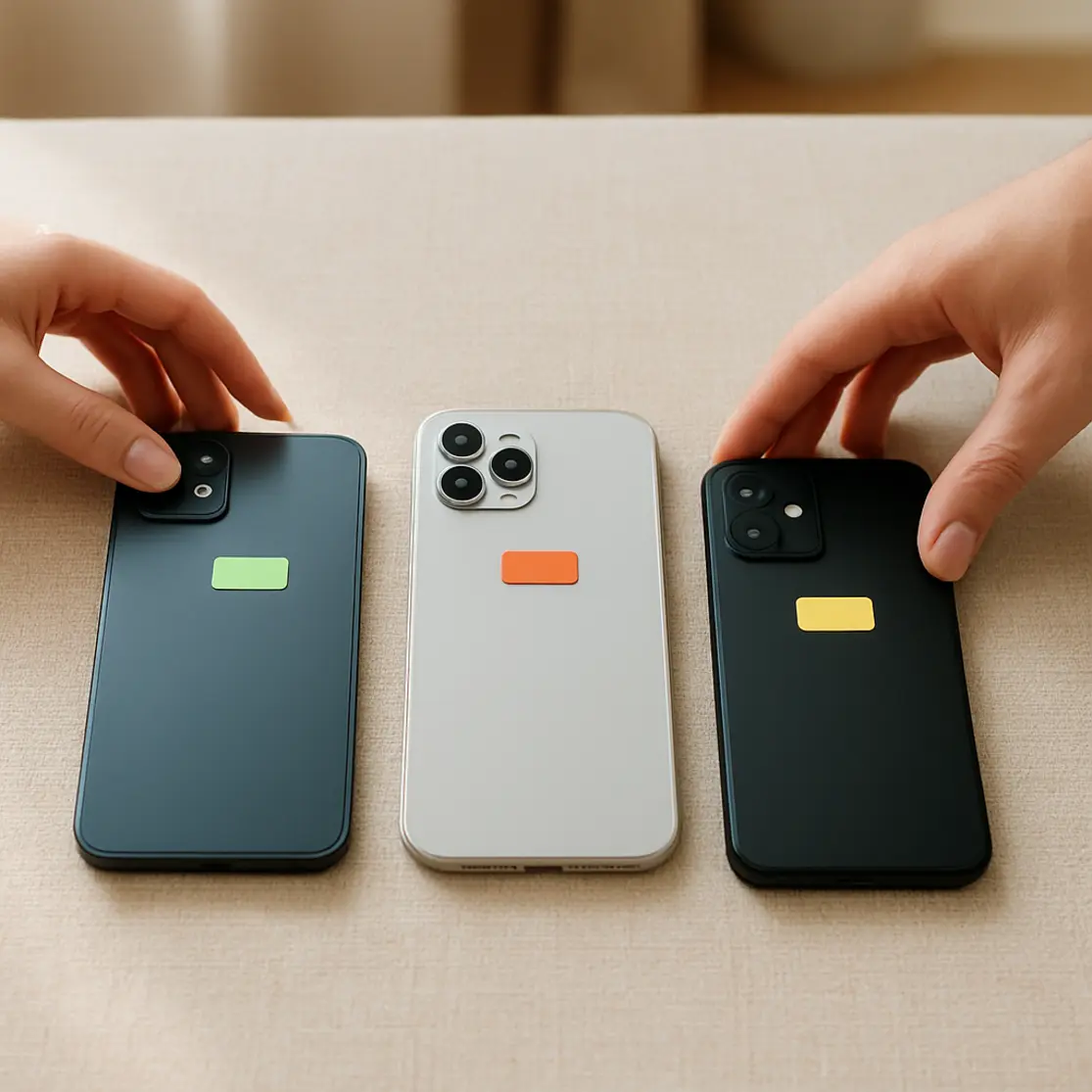 Mesa com três smartphones genéricos alinhados e mãos escolhendo um modelo