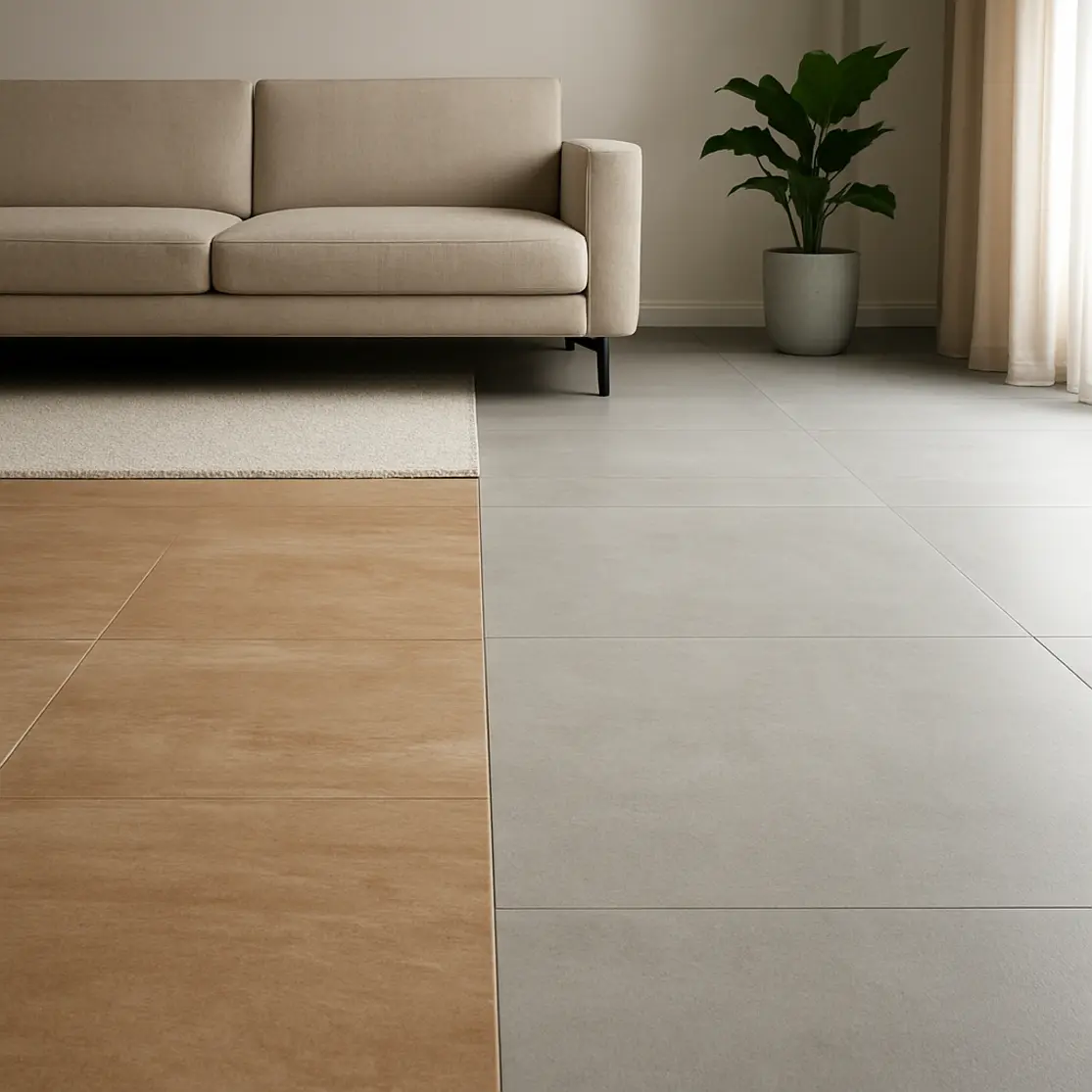 Sala com dois acabamentos de piso contrastantes mostrando comparação em ambiente real