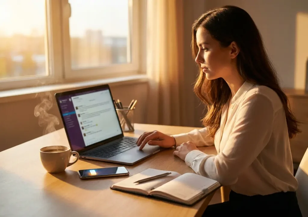 Profissional vista de três-quartos usando laptop em mesa iluminada pela manhã