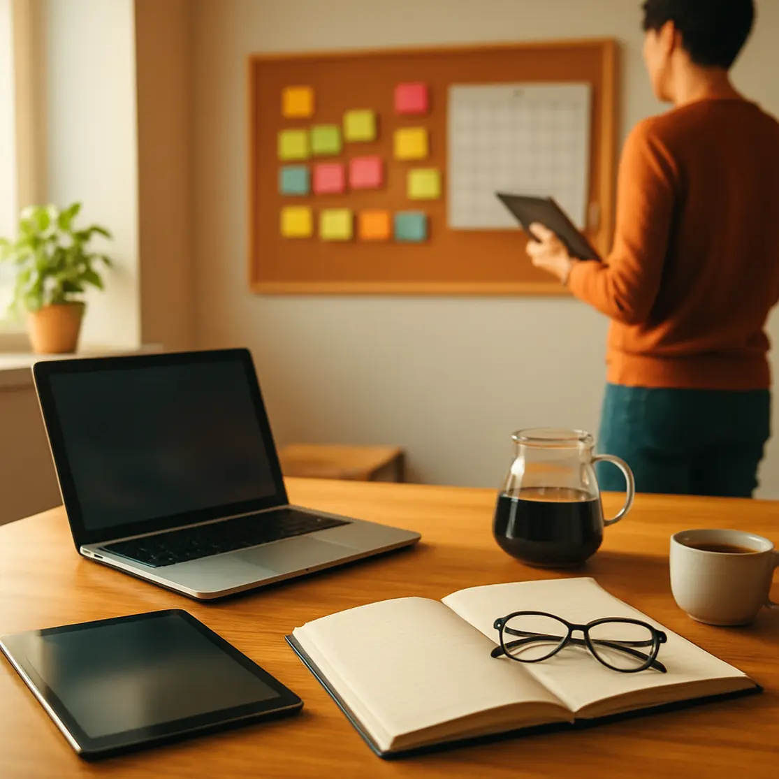 Escritório doméstico amplo com mesa, quadro de planejamento e pessoa ao fundo