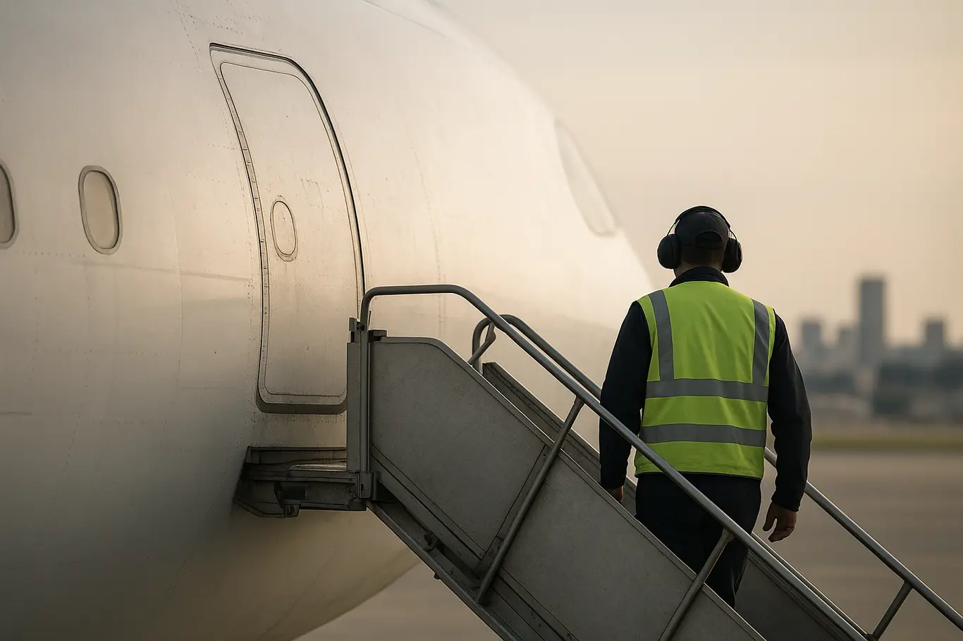 Detalhe da ponte de embarque acoplada à fuselagem do A330neo com o horizonte de Brasília desfocado ao fundo.