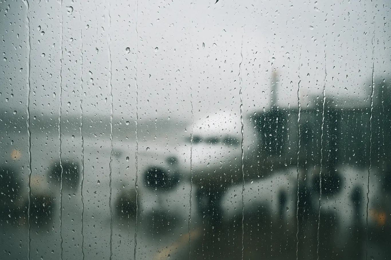 Gotas de chuva escorrendo em vidro do terminal com avião desfocado ao fundo, símbolo dos efeitos da tempestade nas operações.