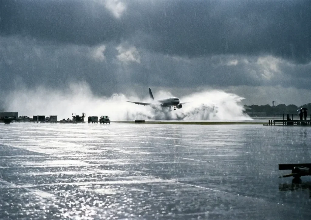Avião pousando em pista molhada durante forte chuva no aeroporto, com reflexos na pista e nuvens escuras.
