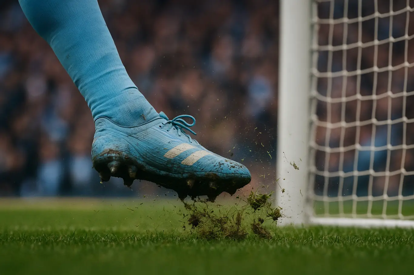 Close nas chuteiras e grama arrancada com a rede ao fundo, detalhe do gol.