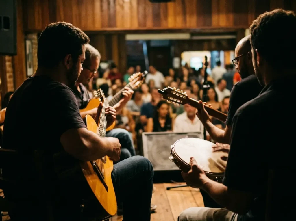 Músicos no palco do Clube do Choro tocando violão, bandolim e pandeiro em perfil, público desfocado ao fundo.