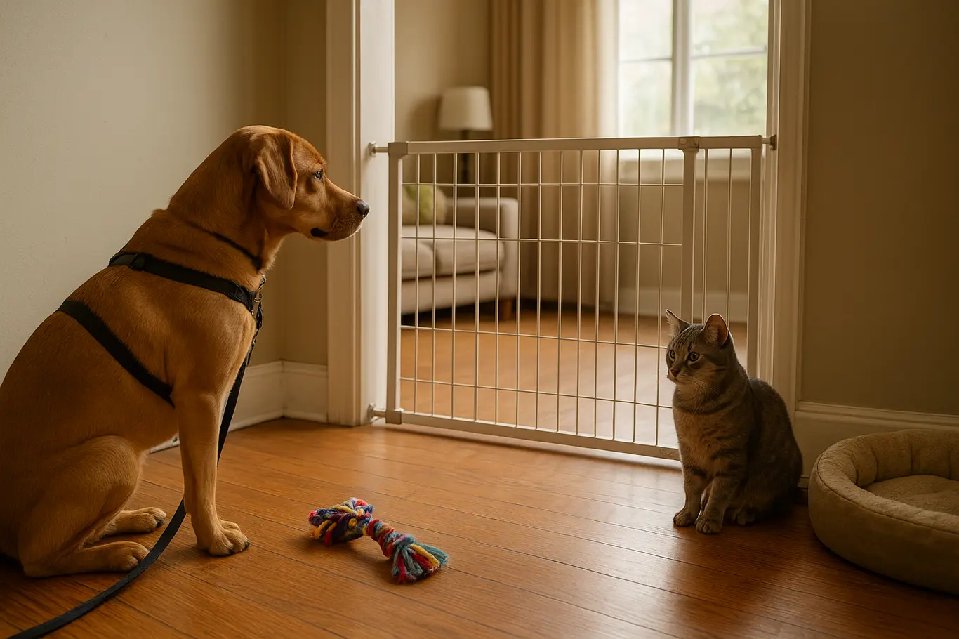 Sala ampla com cachorro e gato separados por portão para pets durante encontro supervisionado