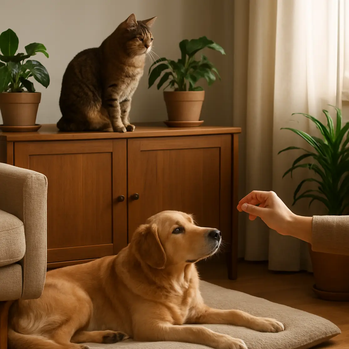 Gato em prateleira observando cachorro deitado na sala, humano oferecendo petisco de lado