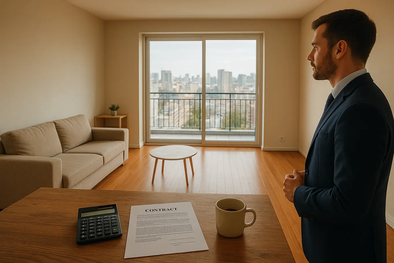 Sala de estar durante visita guiada, corretor em perfil e mesa com contrato e calculadora