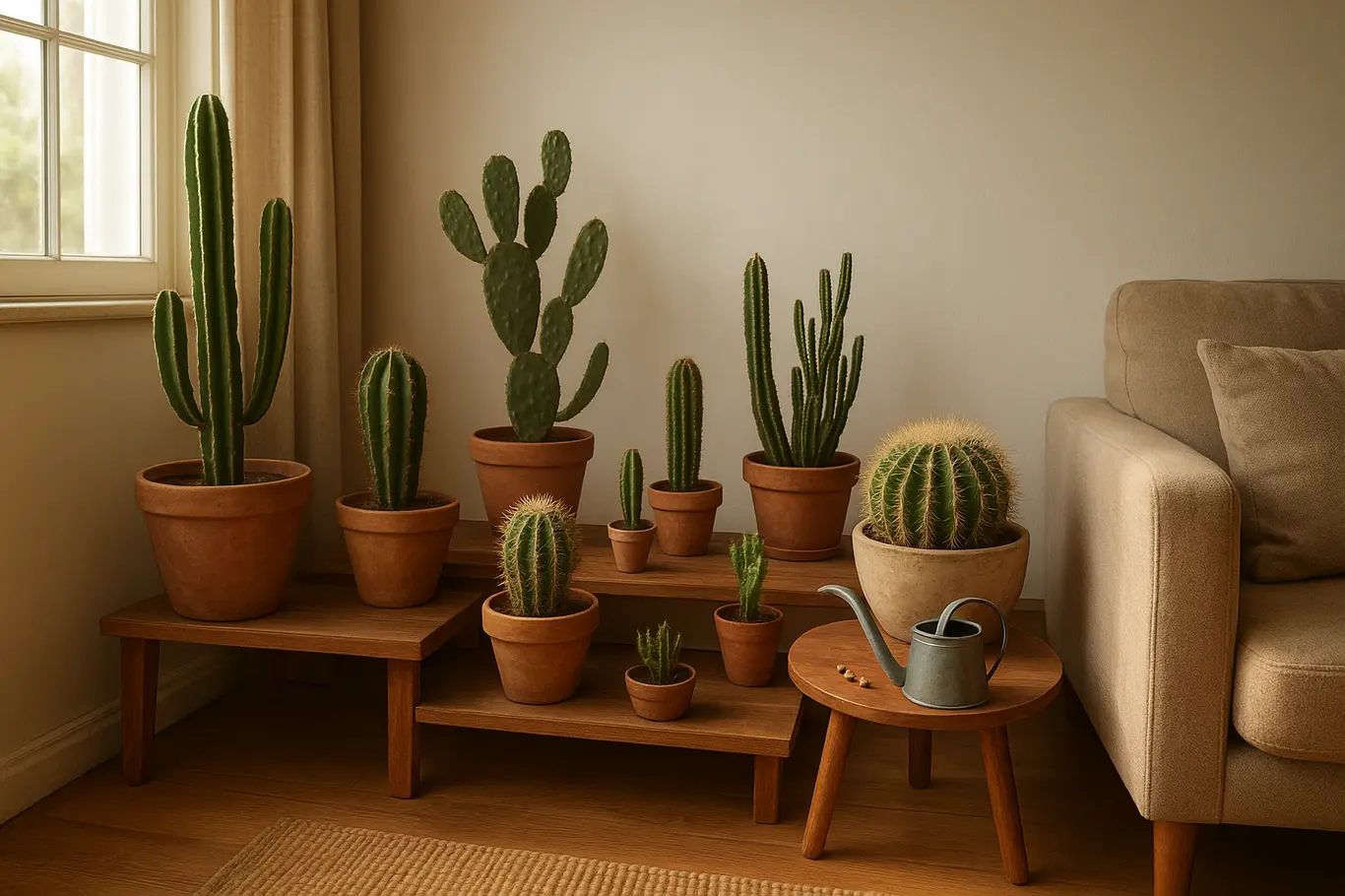 Cantos de sala com vários cactos em vasos e regador sobre mesa