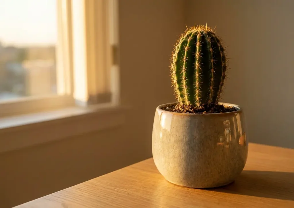 Cacto suculento em vaso cerâmico sobre mesa de madeira com luz dourada de janela