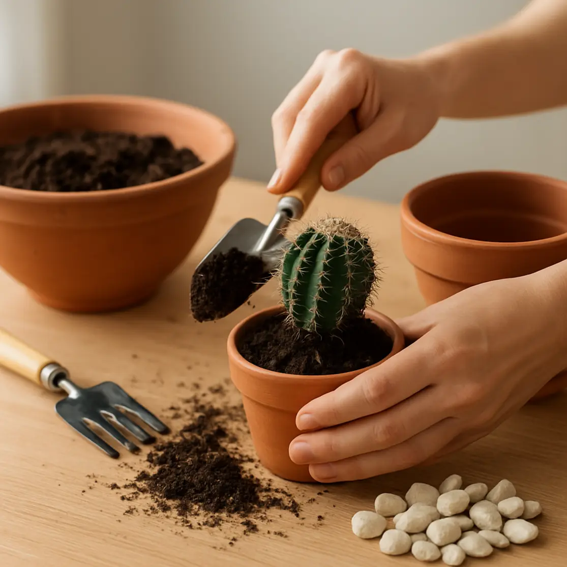 Mãos repotando cacto com solo e pedras de drenagem em bancada
