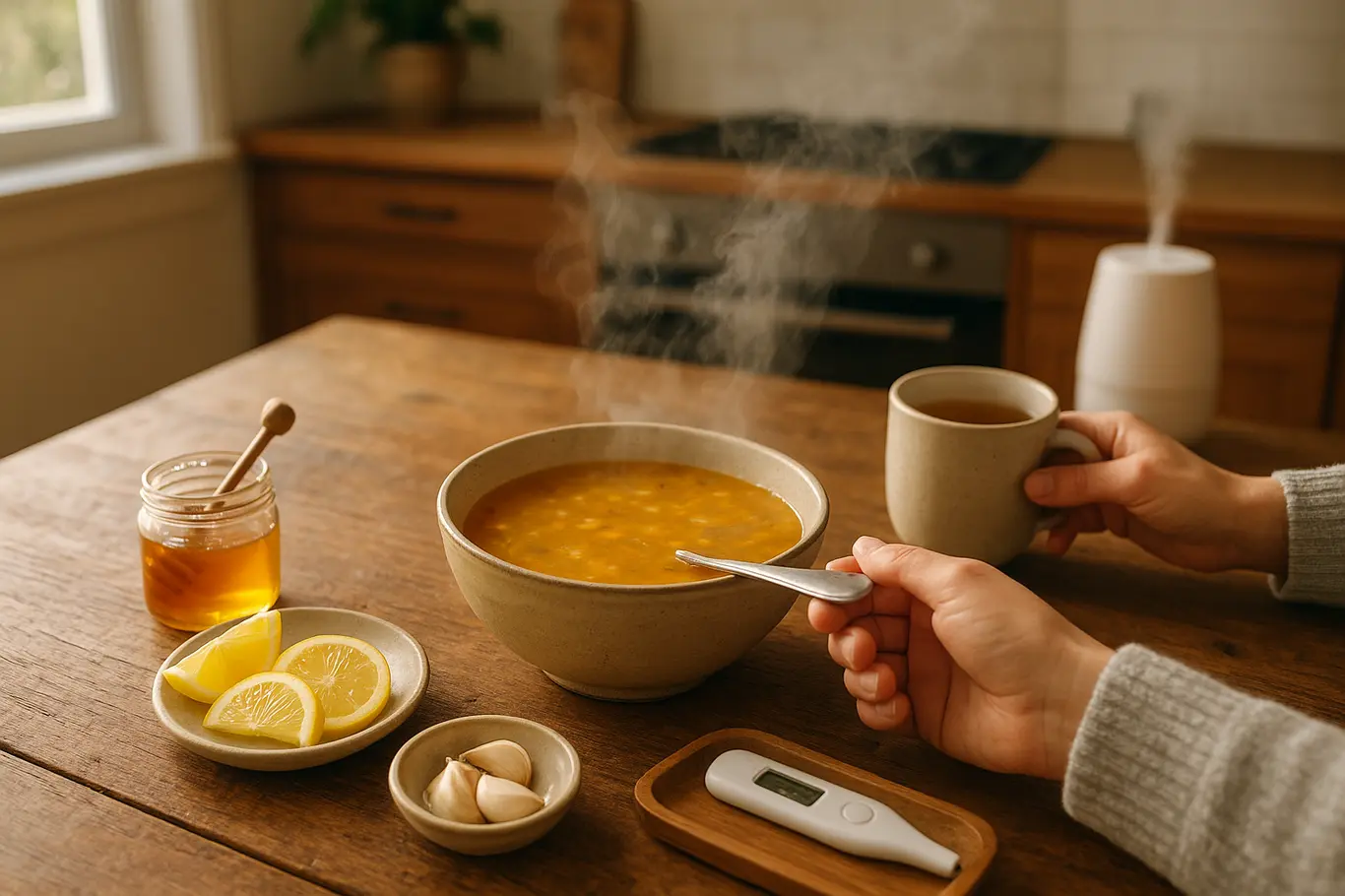 Mesa de cozinha com sopa, limão, mel e mãos servindo