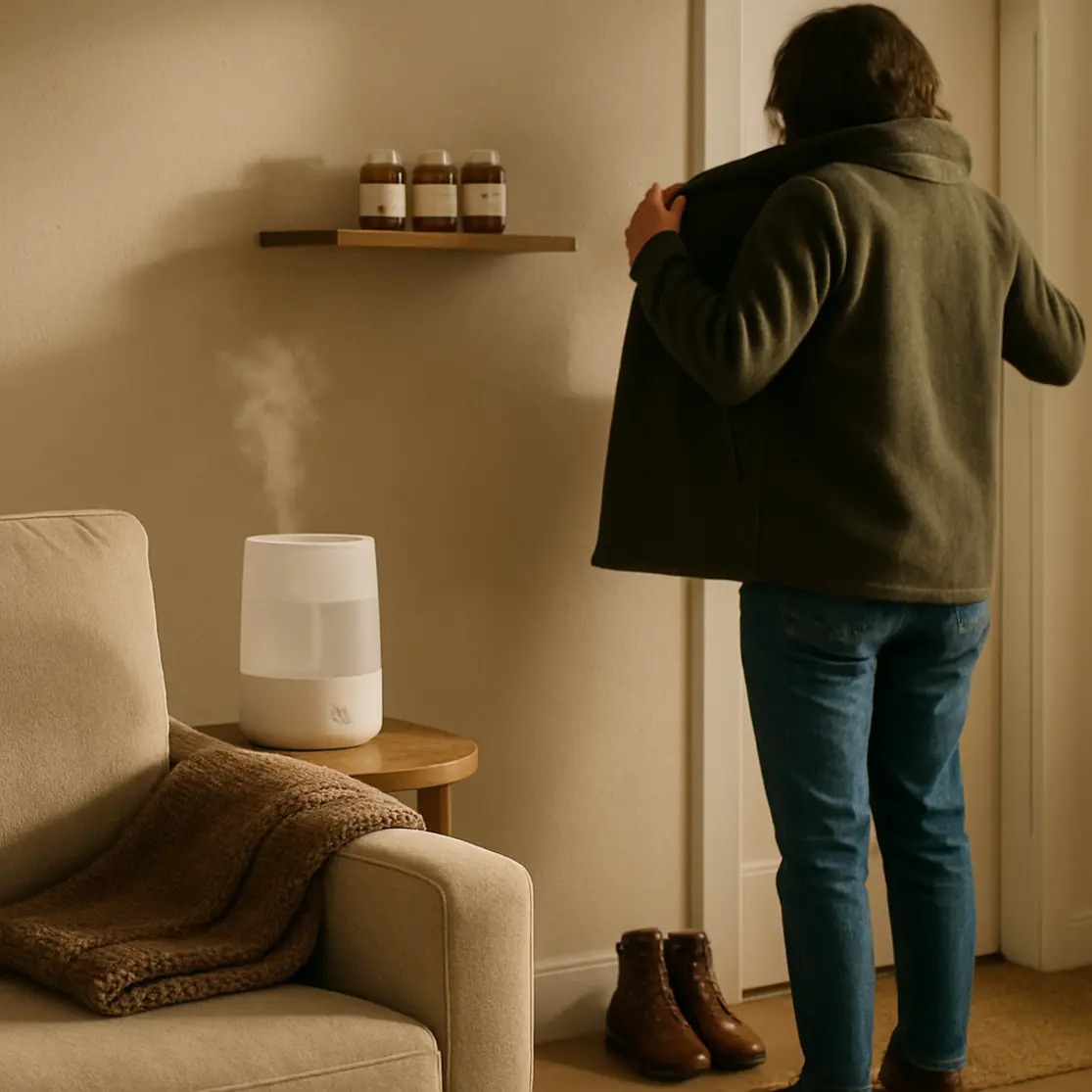 Sala de estar com umidificador, manta e pessoa de costas colocando casaco