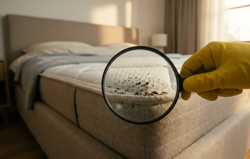 Mão com luva segurando lupa sobre costura do colchão mostrando sinais de percevejos