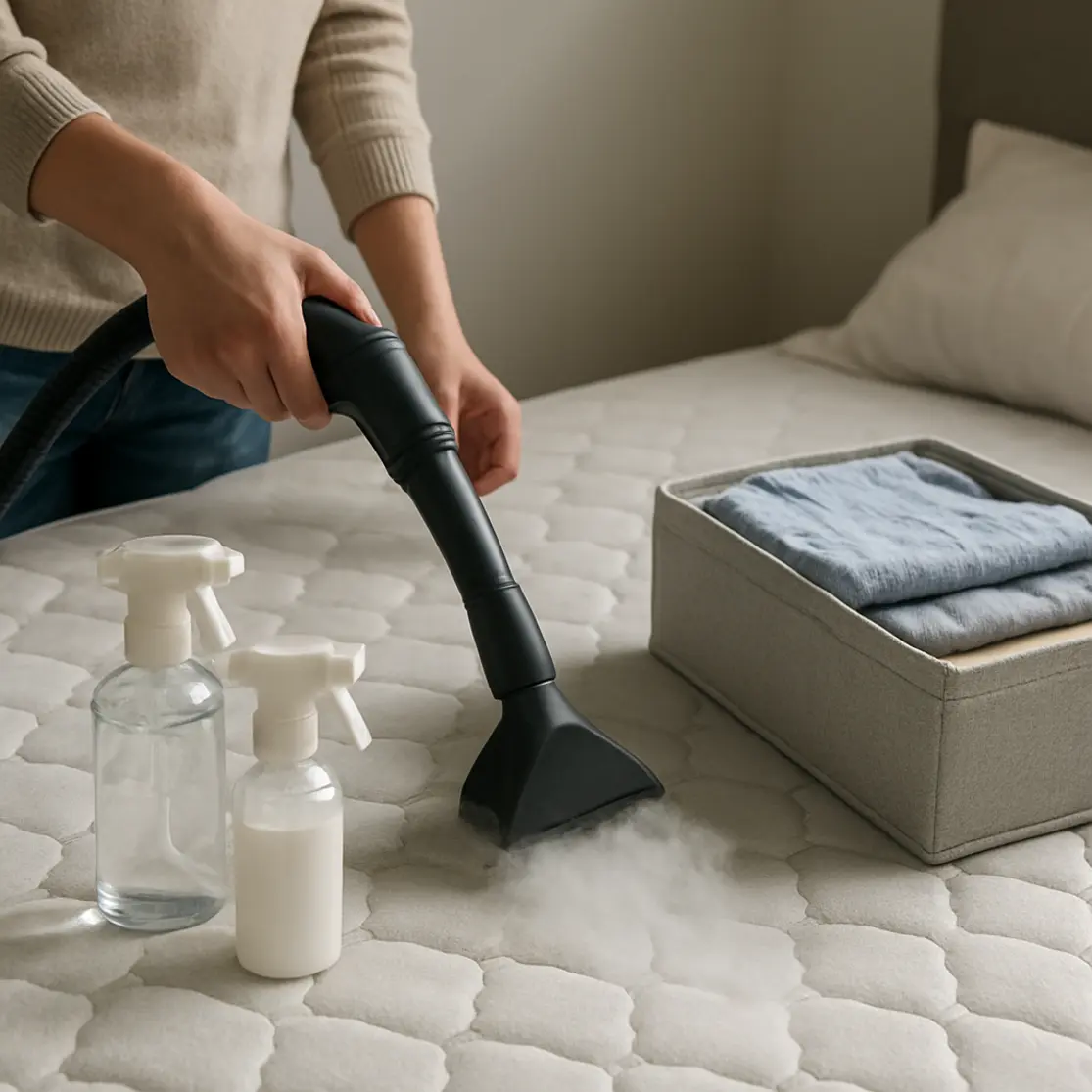 Vaporizador aplicando vapor na costura do colchão com materiais de higienização ao lado