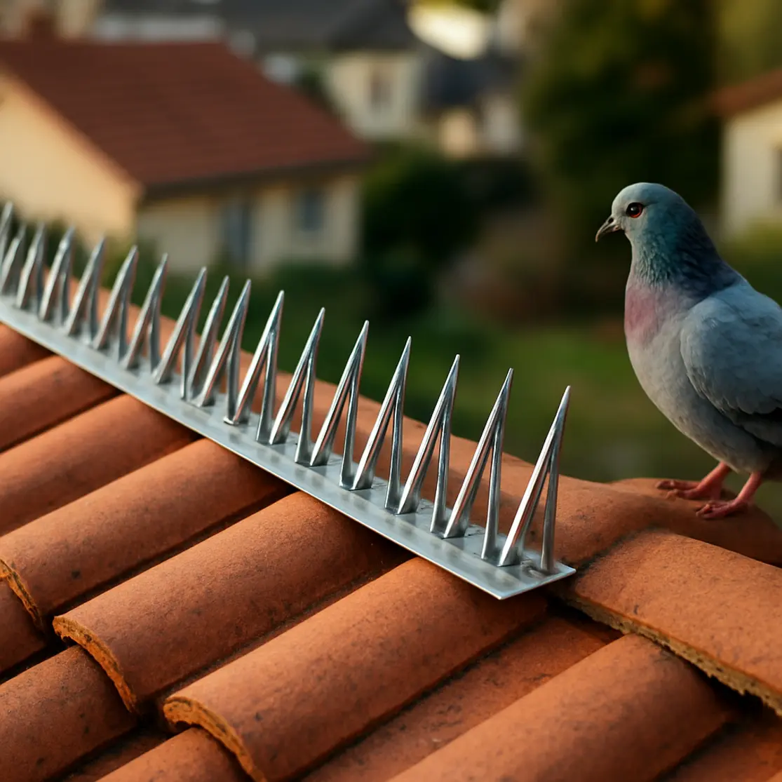 Detalhe de espículas anti-pombo instaladas no beiral com um pombo observando de longe