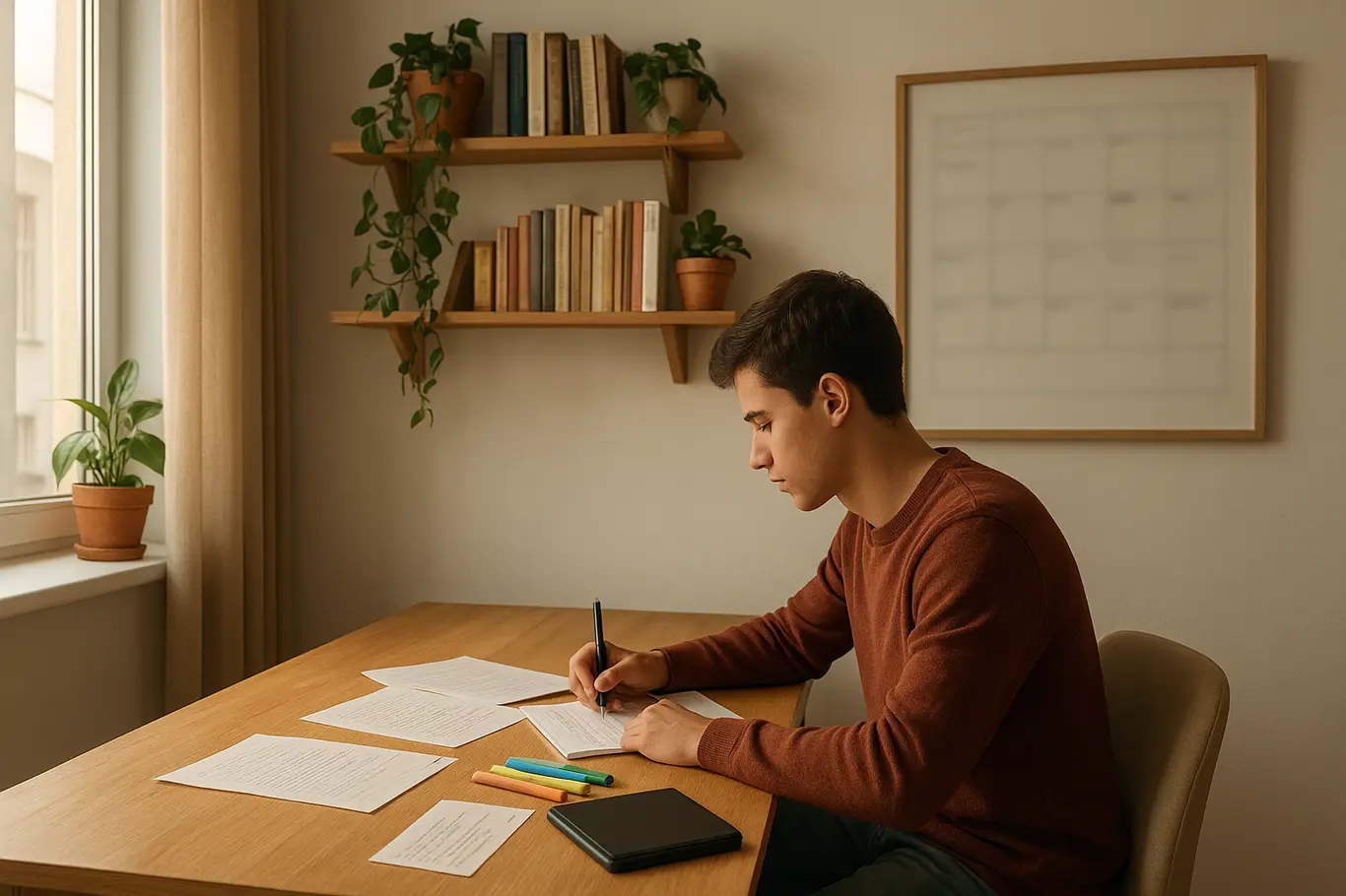 Cena aberta de um canto de estudo em casa com mesa, prateleiras e estudante de perfil parcial