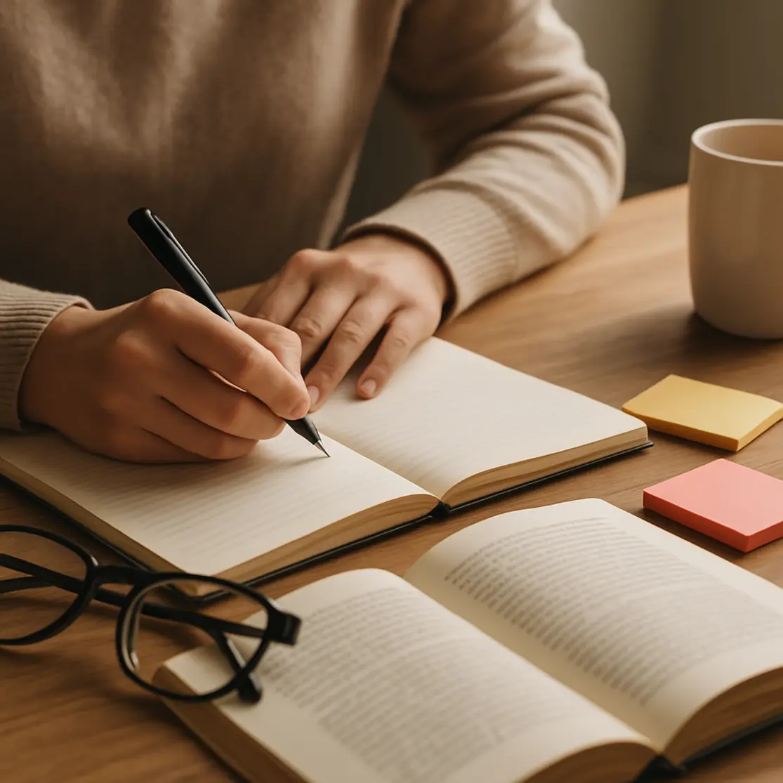 Mãos escrevendo em caderno com livro aberto, post-its e óculos na mesa de estudo