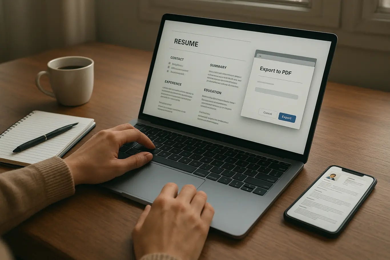 Mãos editando currículo no laptop com opção de exportar para PDF visível
