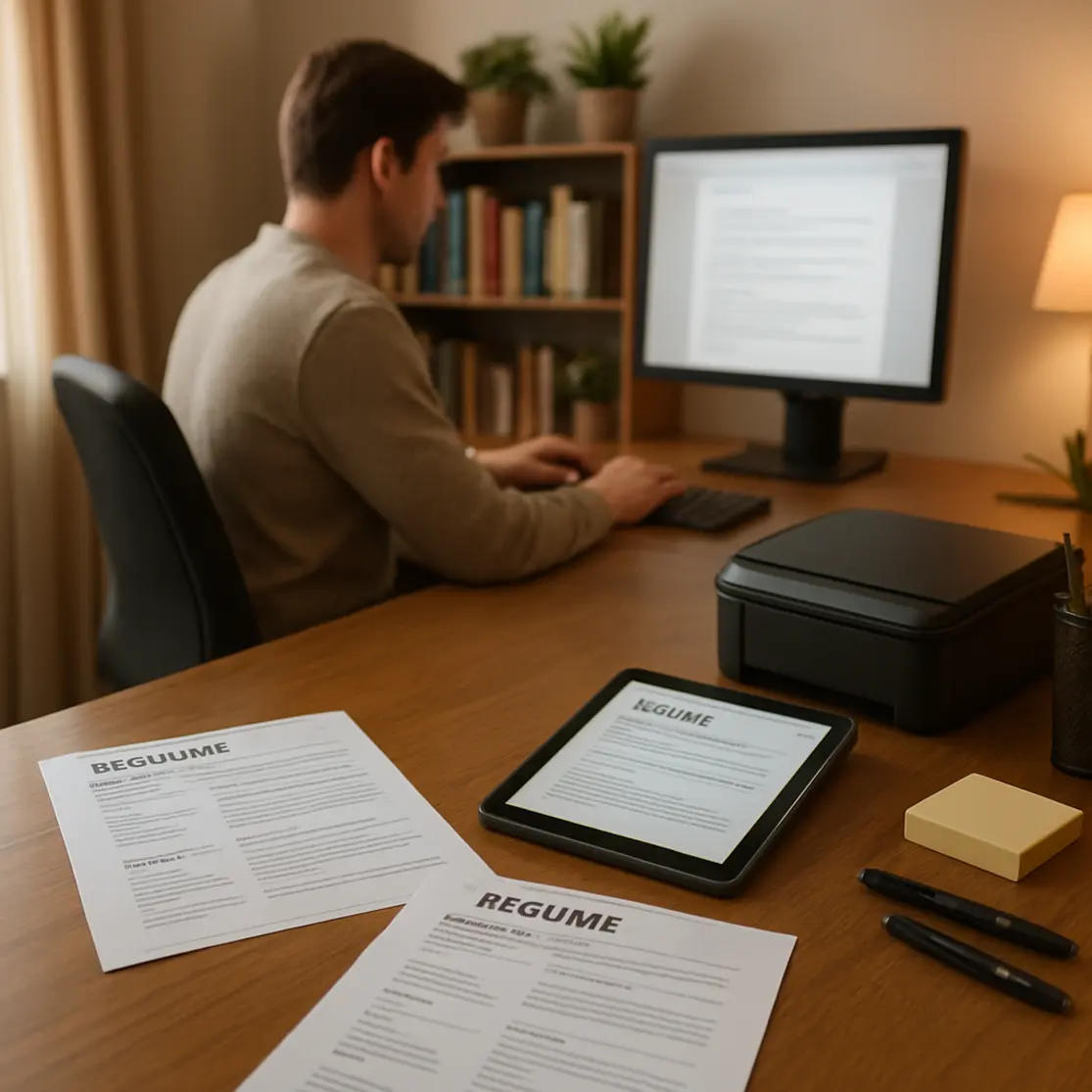 Home office com impressões de modelos de currículo, tablet e pessoa em perfil desfocado
