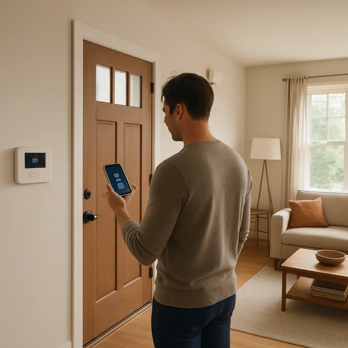 Sala com painel de alarme, sensores e morador checando celular de costas