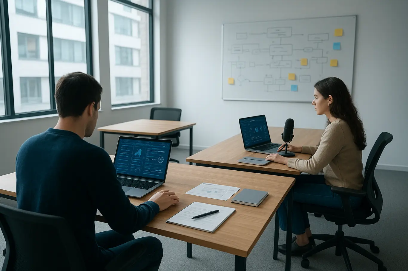 Sala de coworking ampla com duas pessoas trabalhando em laptops e quadro branco com fluxos.