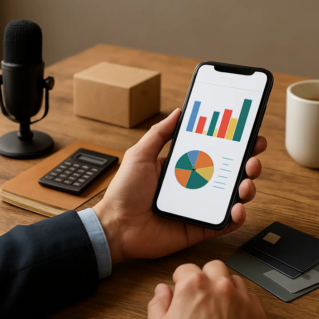 Close das mãos segurando smartphone com gráficos de receita ao lado de microfone e pacote para envio.