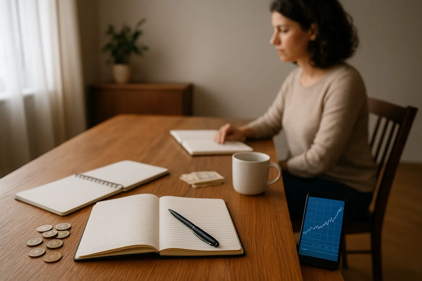 Mesa de home office com cadernos, moedas e smartphone mostrando gráfico, pessoa desfocada ao fundo