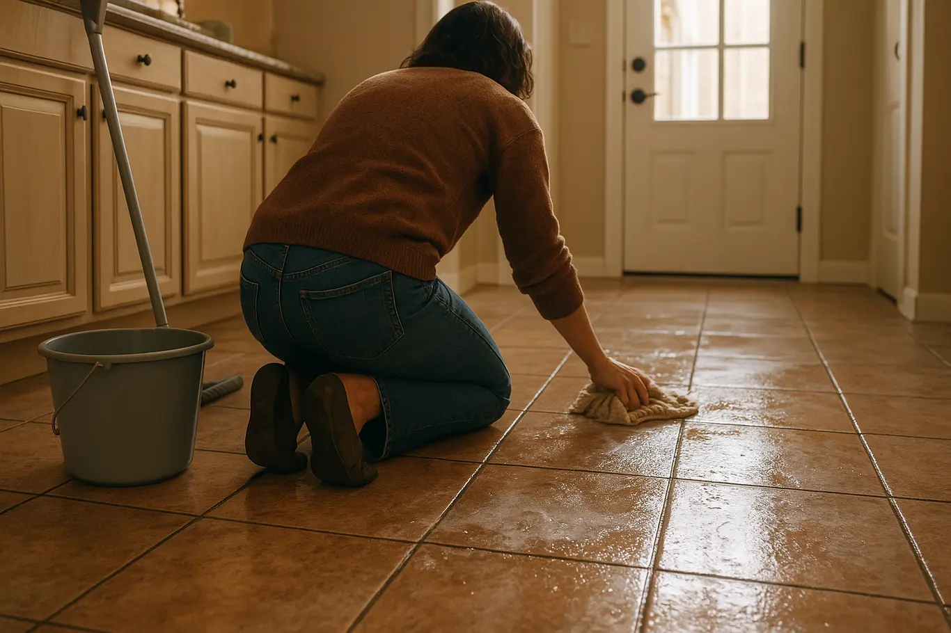 Pessoa de costas ajoelhada limpando piso encardido com pano e balde, visão ampla do ambiente