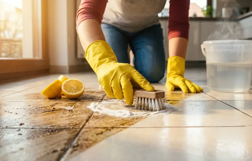 Mãos com luvas esfregando piso encardido com escova e bicarbonato, contraste antes e depois