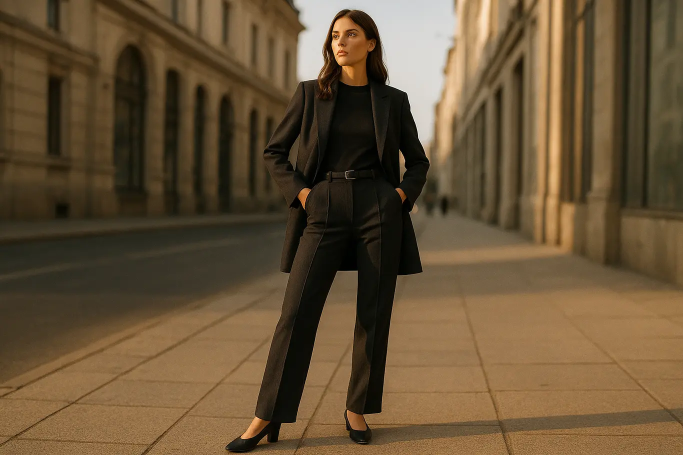 Cena urbana em plano aberto com mulher de corpo inteiro usando blazer longline e calça cintura alta, perspectiva levemente baixa