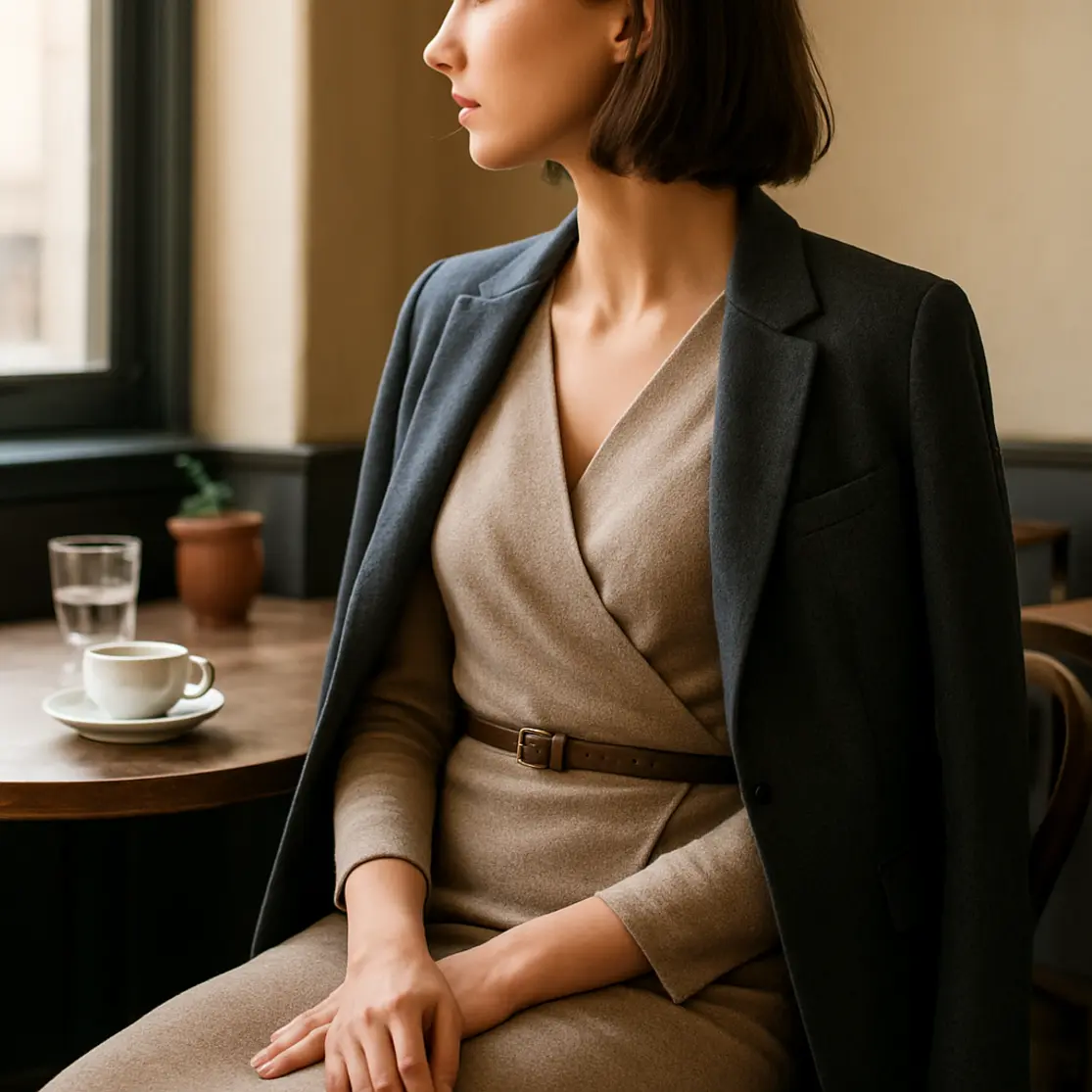 Modelo sentada de lado em café, vestido envelope e blazer sobre os ombros, cena ambiental editorial