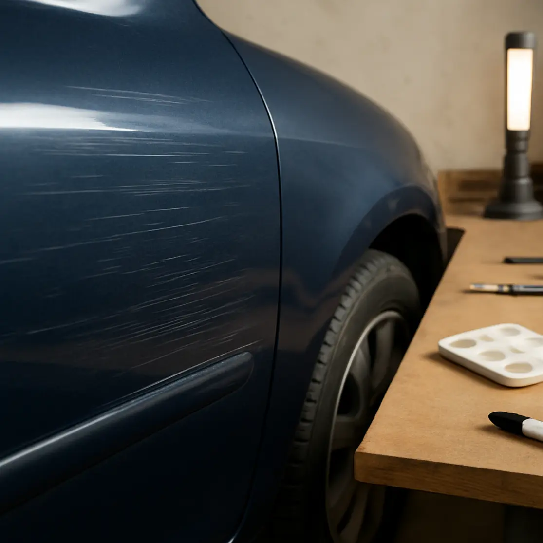 Painel do carro com metade arranhada e metade restaurada, ferramentas de retoque ao fundo