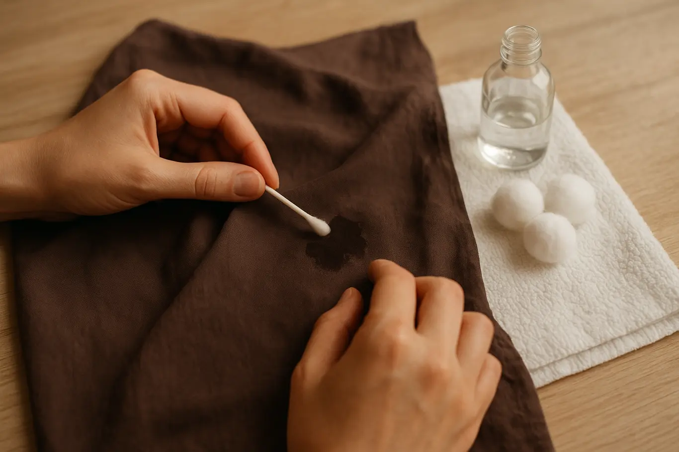 Vista superior de mãos aplicando removedor com cotonete em mancha de esmalte num vestido sobre toalha absorvente