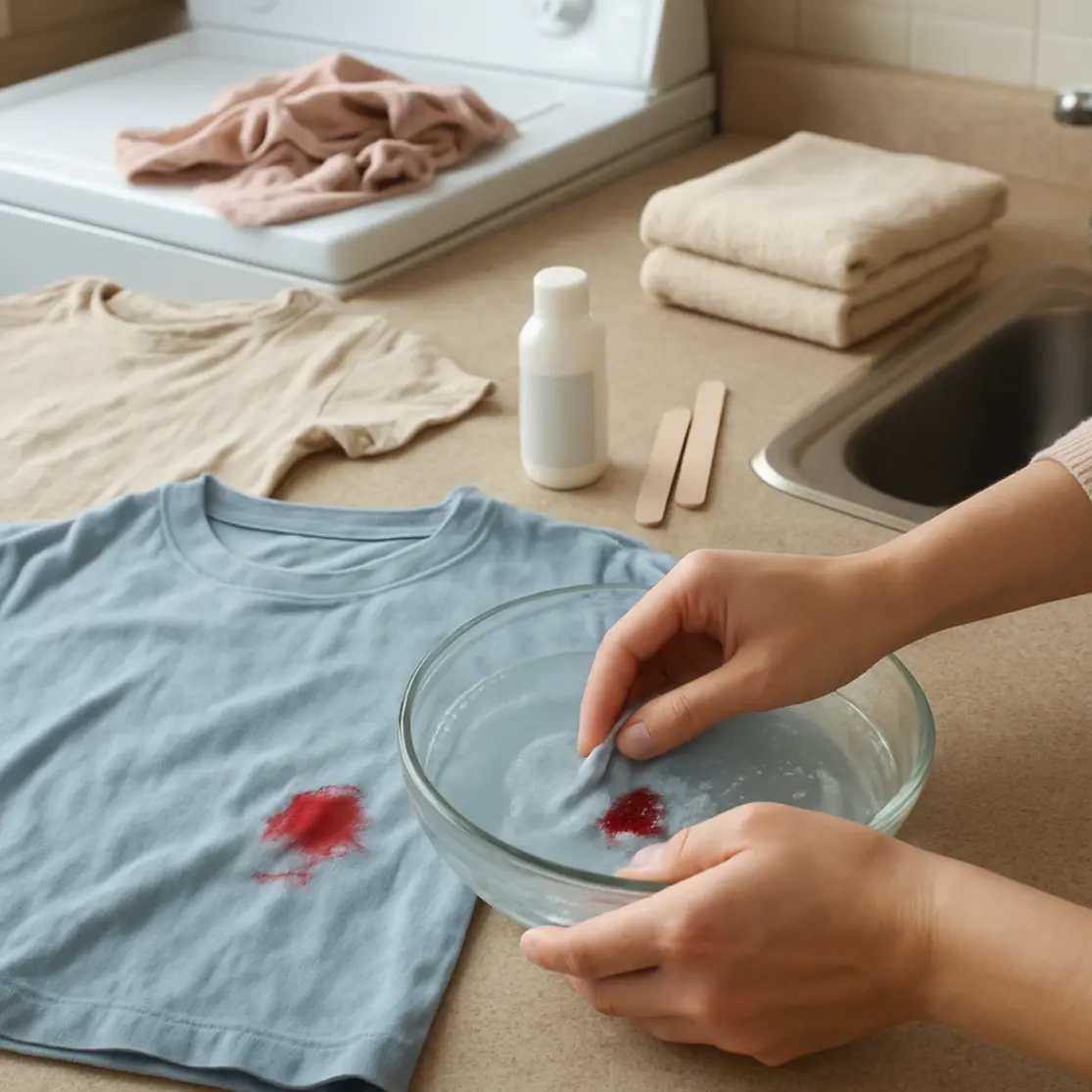 Bancada de lavanderia com blusa manchada de esmalte, tigela com água morna e itens de limpeza ao redor