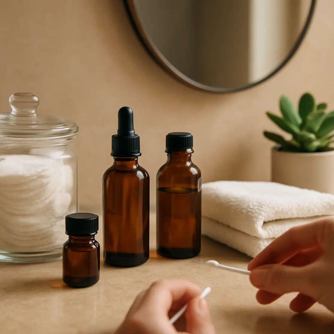 Bancada organizada com frascos de tratamento para acne, algodão e toalha, luz natural