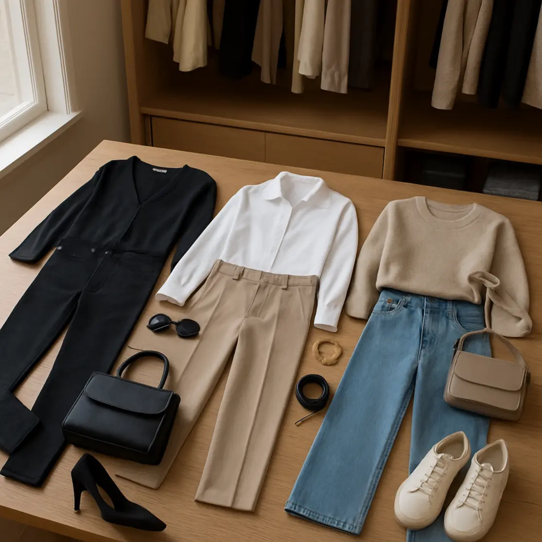 Closet editorial com três looks completos envolvendo diferentes estilos de calça jeans e acessórios