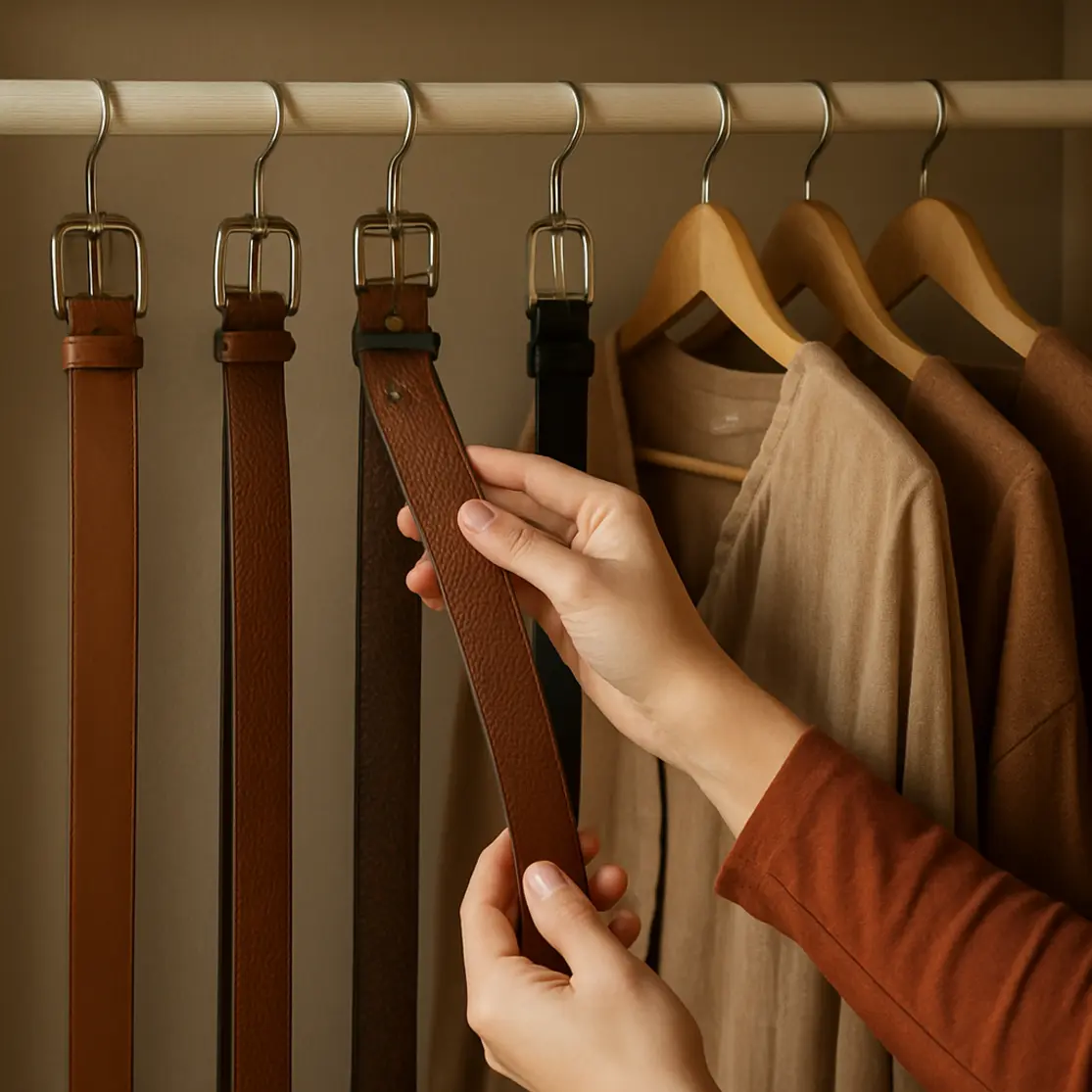 Closet minimalista com vários cintos organizados e mão ajustando um cinto no cabide, iluminação natural suave