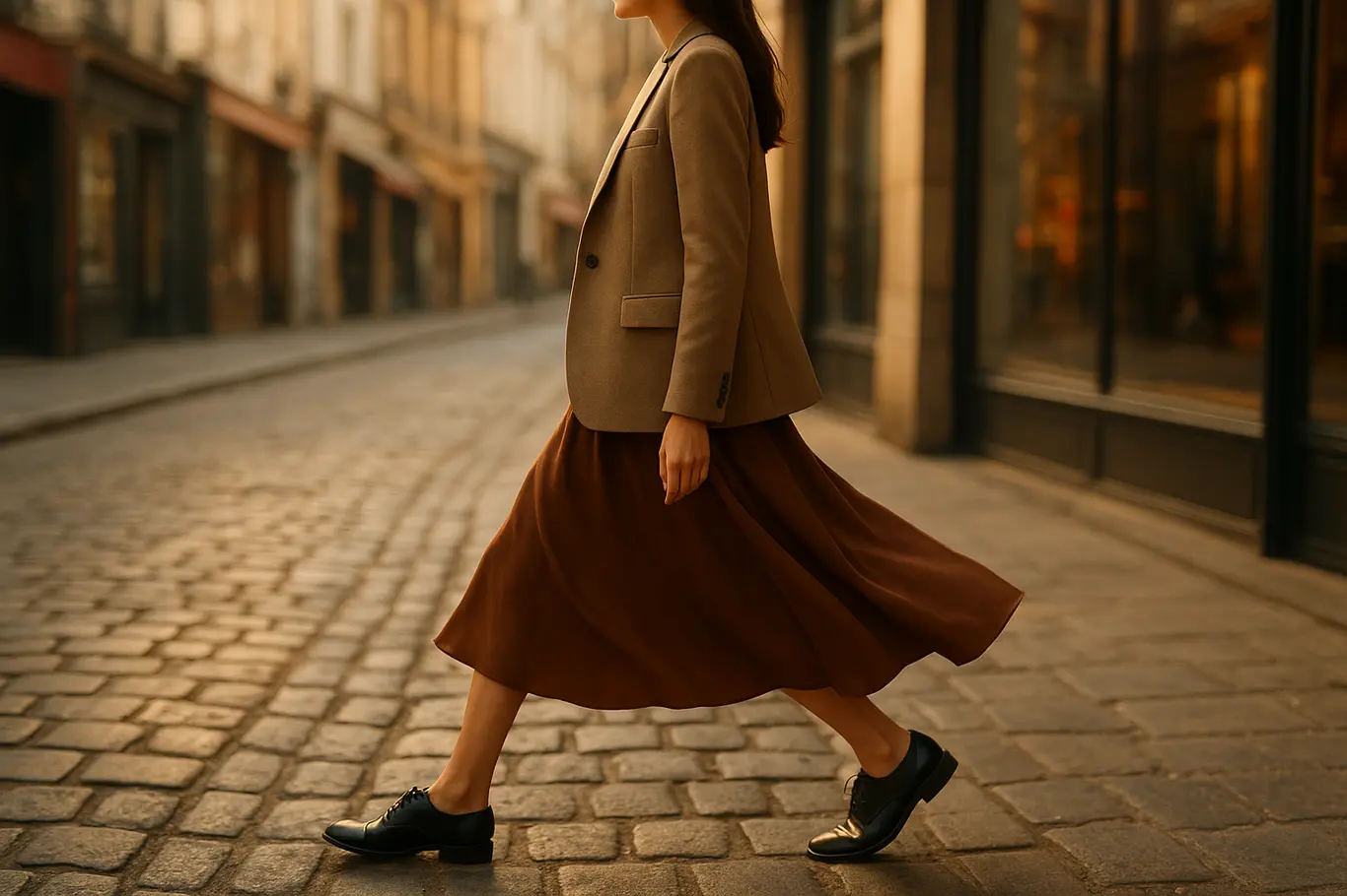 Modelo de perfil caminhando na rua com saia midi fluida e blazer, cena aberta mostrando movimento