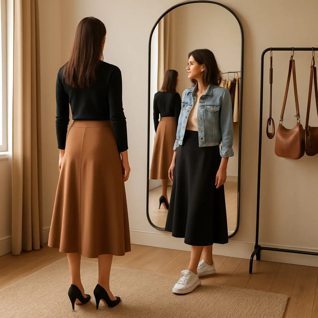 Interior de boutique com duas modelos em perfil experimentando combinações de saia midi para alturas diferentes