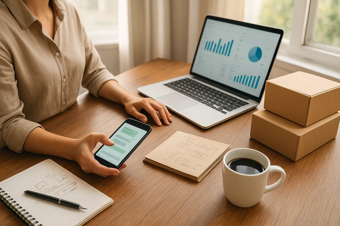 Mesa de trabalho com smartphone mostrando chat genérico, laptop com métricas, embalagens e mãos da empreendedora em ação