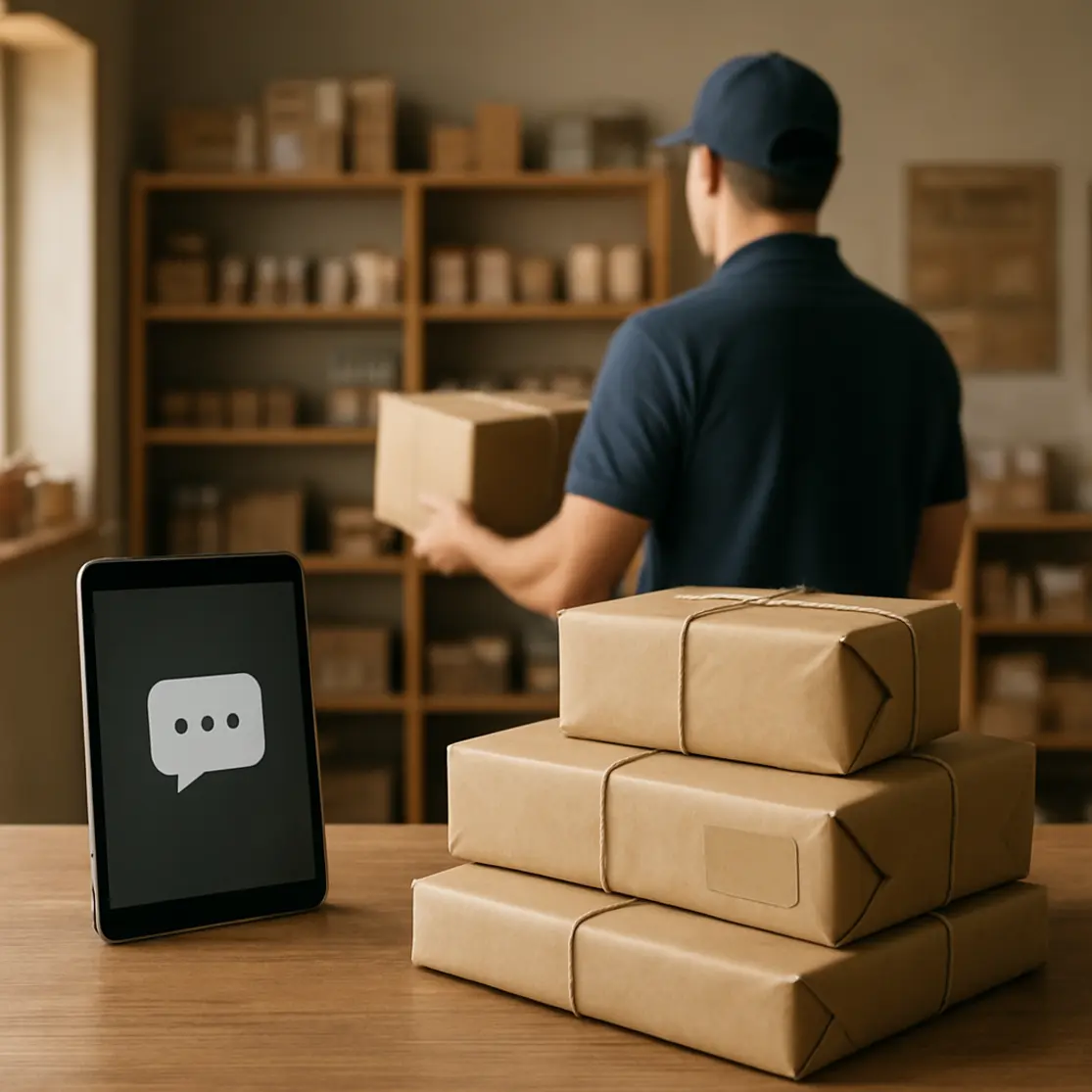 Loja com balcão e pacotes prontos para entrega, entregador de costas, tablet com notificação de mensagem genérica