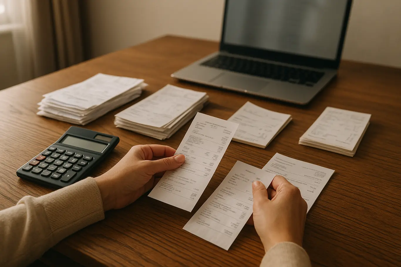 Mesa de trabalho com recibos, calculadora e mãos organizando documentos