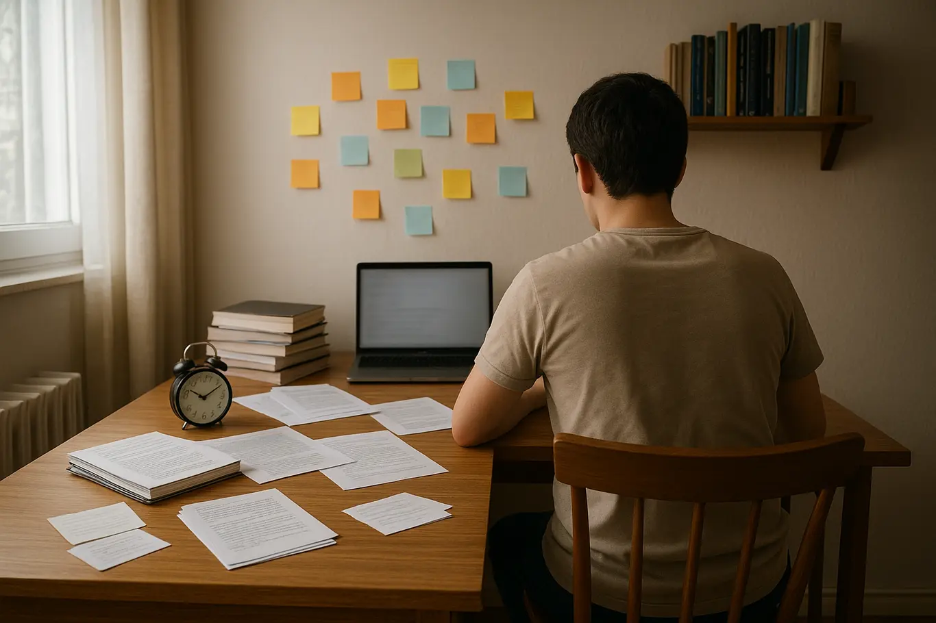 Ambiente de estudo aberto com mesa, laptop, fichas e candidato visto de costas.