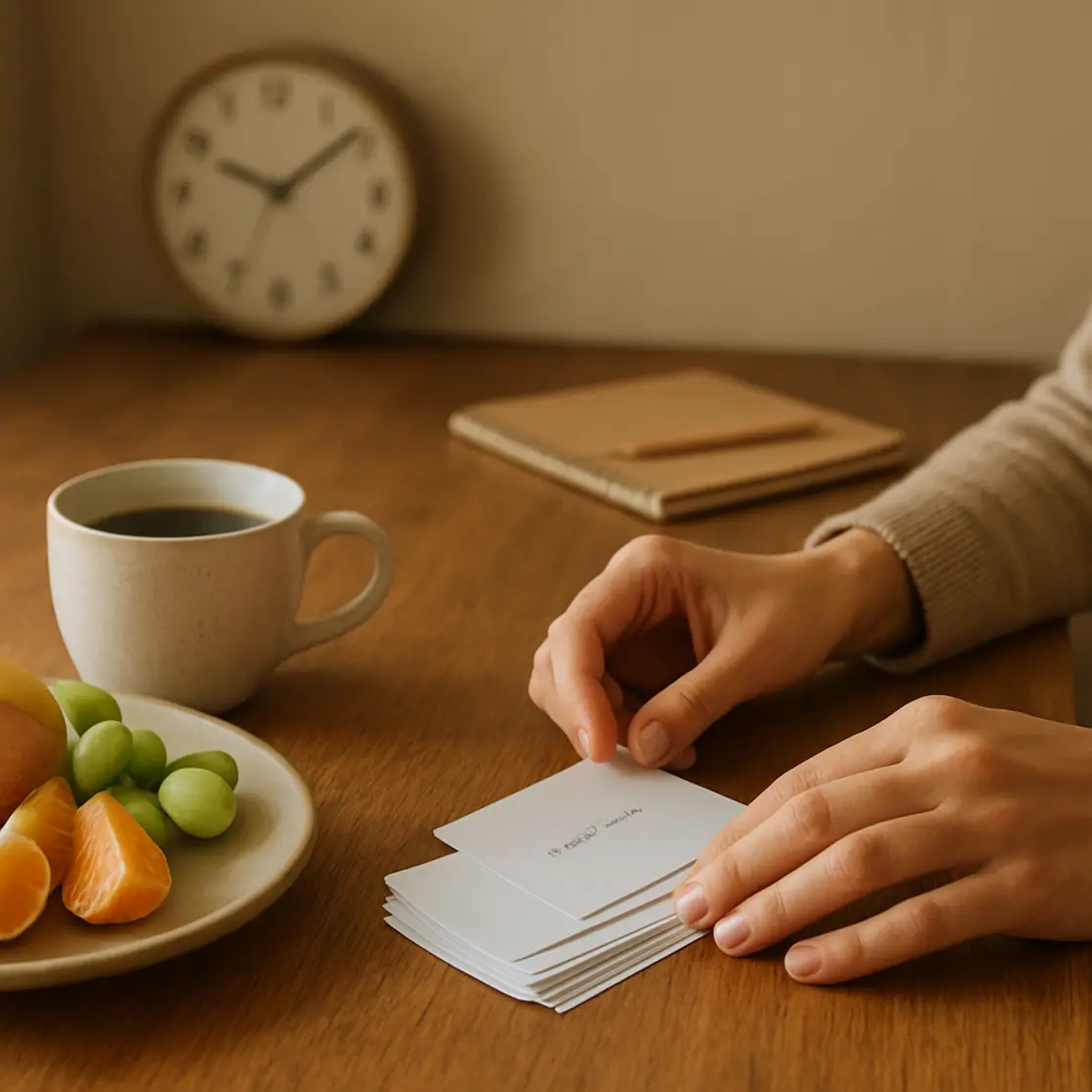 Mãos organizando flashcards na mesa com café e frutas, ambiente de estudo doméstico.