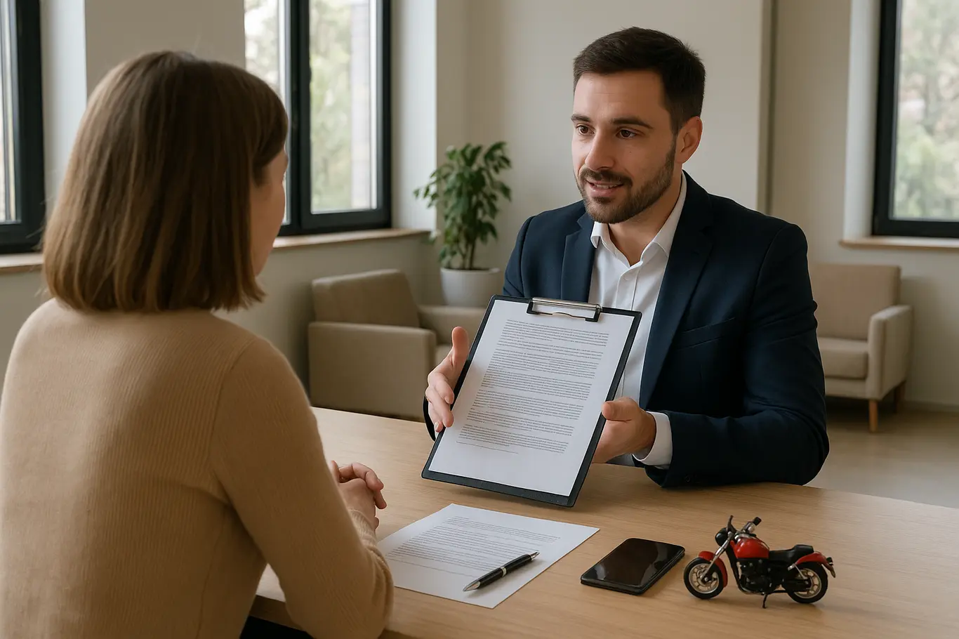 Consultor em perfil explicando contrato a cliente visto de costas em sala de atendimento, mesa com documentos