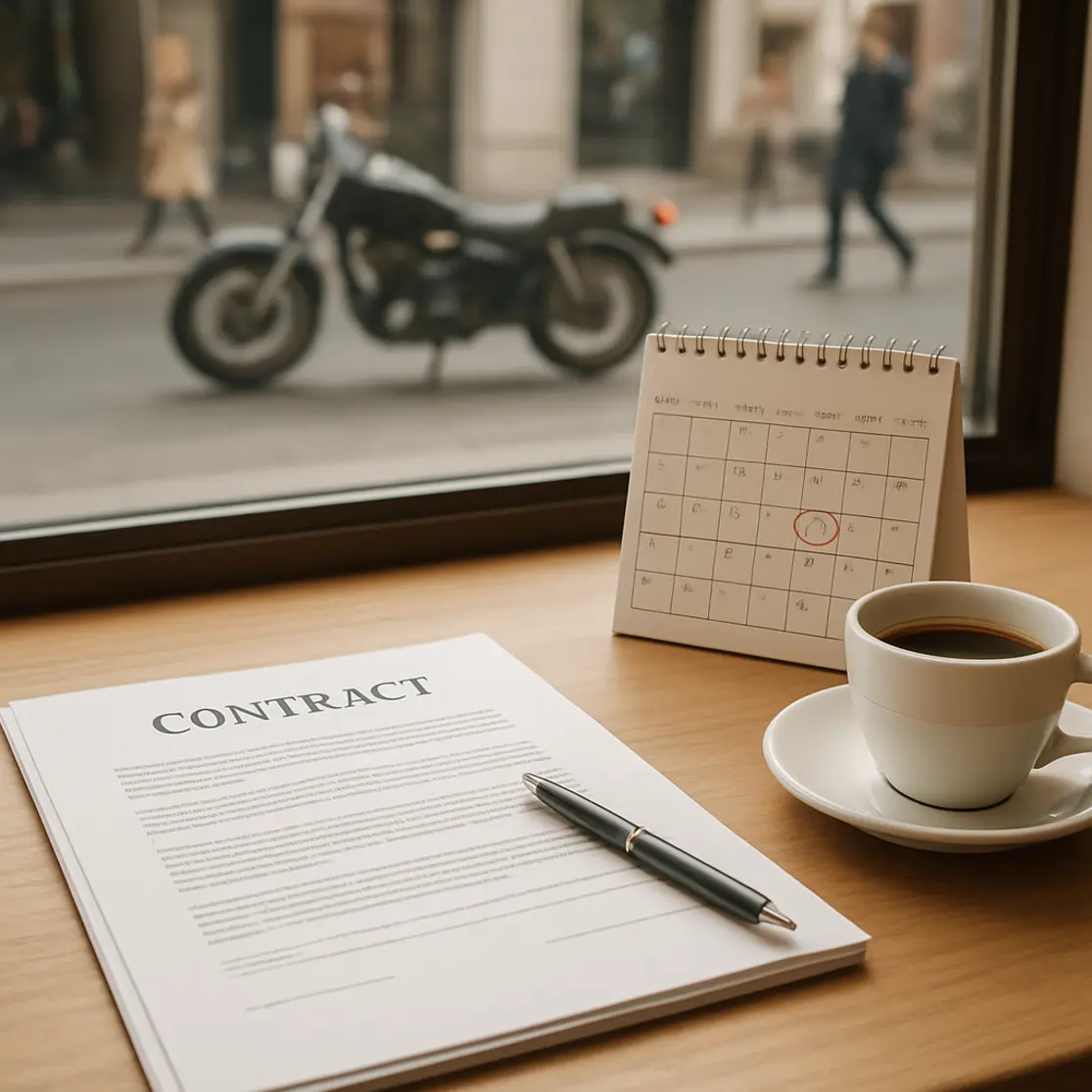 Mesa de cafeteria com contrato de consórcio, calendário e xícara, moto visível pela vitrine ao fundo