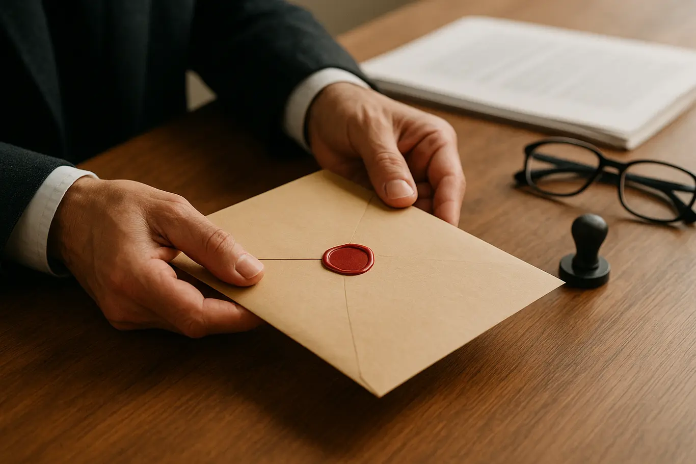 Close das mãos entregando envelope lacrado sobre mesa com carimbo desfocado ao fundo