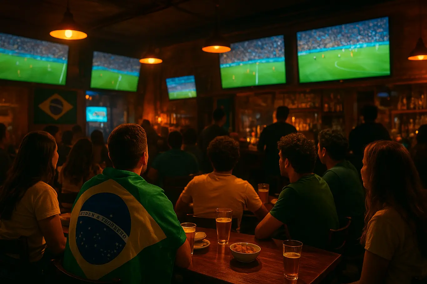 Bar com várias telas e grupos de torcedores de costas assistindo ao jogo, luzes quentes e atmosfera festiva