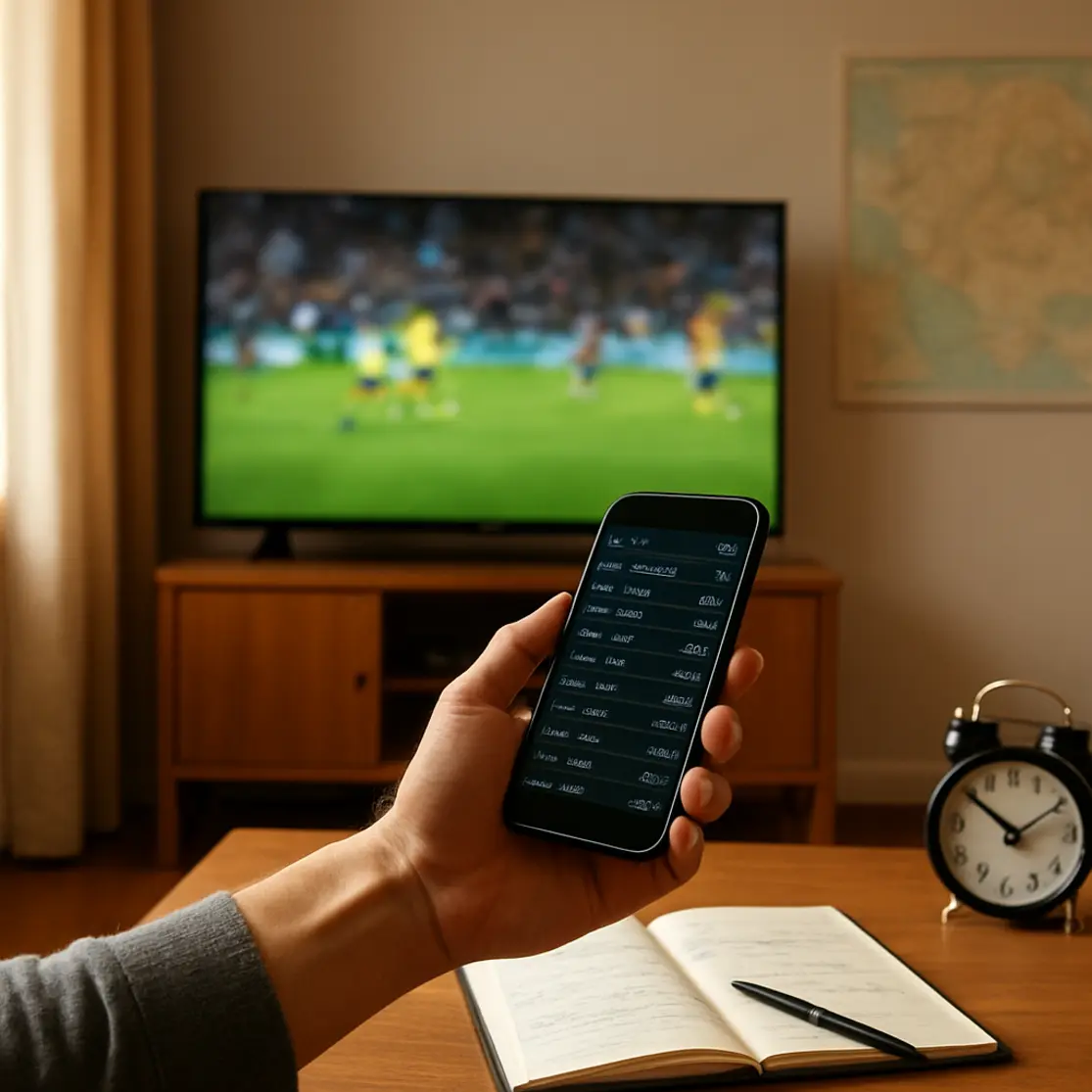 Mesa com smartphone mostrando lista de canais e TV ao fundo com jogo desfocado, cenário informativo sobre transmissões